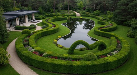 Exquisite landscaped garden featuring a serene pond surrounded by manicured hedges