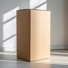 Realistic photo of blank cardboard box standing on clean surface, soft shadows, neutral background, front and side view visible, studio lighting setup, ultra-realistic 8k, perfect for product packagin