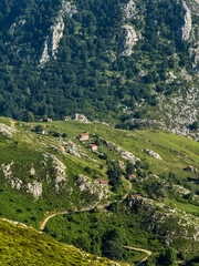 Rural cottages scattered along winding mountain road