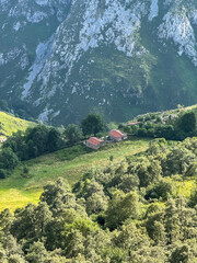 Remote stone cottages amid forested mountain valley