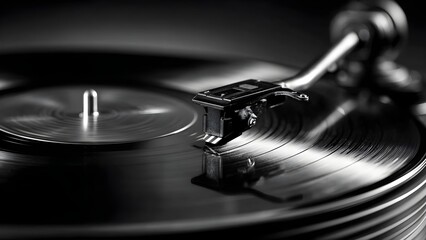 Close-up of a vinyl record on a turntable with the tonearm and needle in the grooves. Concept Vinyl Record Close-Up, Turntable Tonearm & Needle, Grooves in Focus, Analog Audio Aesthetics