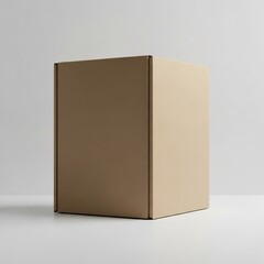 Realistic photo of blank cardboard box standing on clean surface, soft shadows, neutral background, front and side view visible, studio lighting setup, ultra-realistic 8k, perfect for product packagin