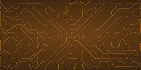Warm abstract circuit board design with golden orange lines and small square connectors on a rich brown gradient background, symbolizing data flow and technological networks