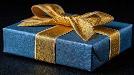Luxury blue gift box with golden ribbon on black background