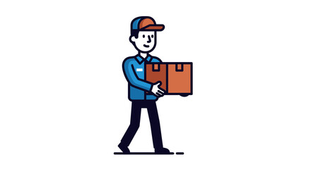 A delivery person carries a package while walking on a white background.