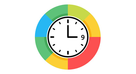 A colorful clock face shows the time as nine o'clock with a white background.