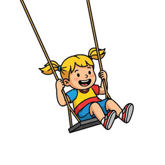 Cute cartoon vector of a joyful little girl swinging back and forth with a bright smile.
