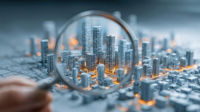 Urban planner examines map with magnifying glass concept. A hand holding a magnifying glass over a detailed city model.