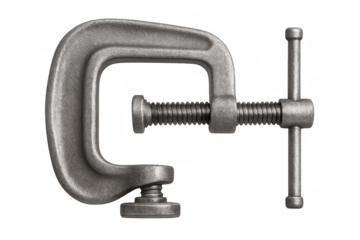 Metal c-clamp holding securely with transparent background