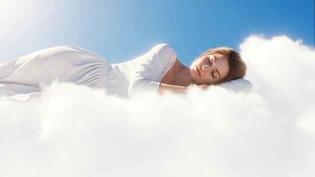 Woman relaxes on fluffy clouds in blue sky drifting into peaceful sleep animation sequence exploring dreamy serenity and rest concept video footage video footage