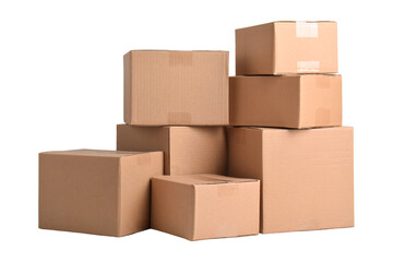 Stacked brown cardboard boxes in various sizes isolated on white background