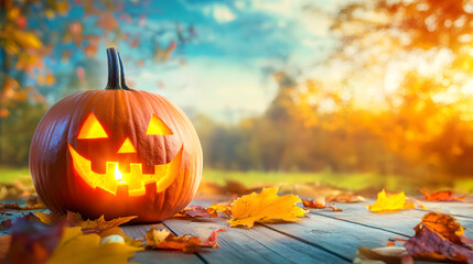 A glowing Halloween pumpkin with a candle inside stands on a wooden floor among autumn leaves against a backdrop of a green meadow and trees