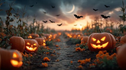 Jack o' lanterns glowing in a halloween pumpkin patch