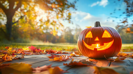 A glowing Halloween pumpkin with a candle inside stands on a wooden floor among autumn leaves against the backdrop of a green meadow