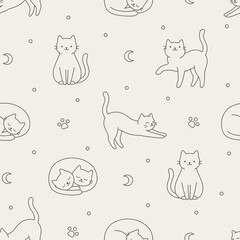 Cats seamless pattern background,  vector image,  black & white, wrapping paper