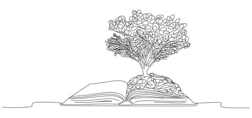 vector line of books and trees, representing the extinction of trees to be processed into paper or into books
