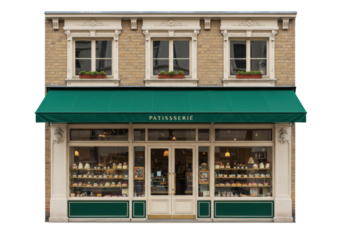 Isolated Patisserie Building Facade Exterior, Shop Front, Pastries for Sale, French Design