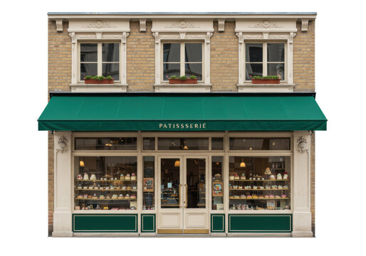 Isolated Patisserie Building Facade Exterior, Shop Front, Pastries for Sale, French Design