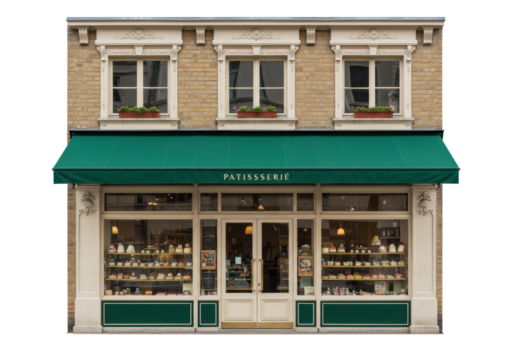 Isolated Patisserie Building Facade Exterior, Shop Front, Pastries for Sale, French Design