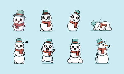 Kawaii snowman emotes depict various moods with hat and scarf against a light blue background