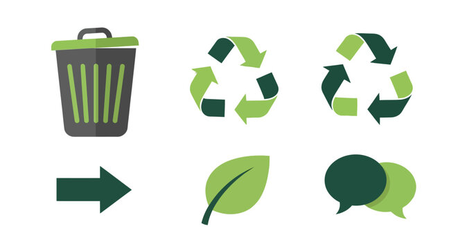 Recycling bin with arrows, leaf and speech bubbles on a white background.