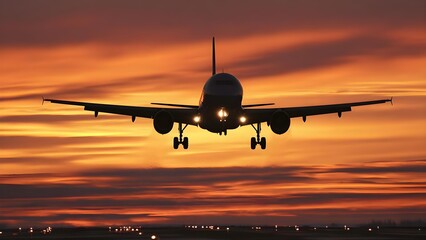 A commercial airliner landing at sunset, silhouetted against an orange sky with runway lights below. Concept Airliner landing, Sunset silhouette, Orange sky, Runway lights, Aviation photography