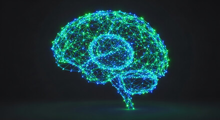 Geometric brain model with blue and green lights on a dark background, representing intellect, technology, knowledge, and mental process