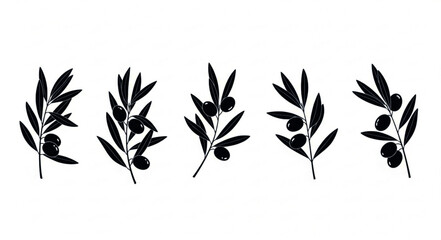 Silhouetted Olive Branches with Black Olives, Isolated on White Background, Vector Illustration.