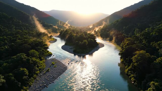 Aerial View of Winding River Flowing Through Lush Green Mountains at Sunrise