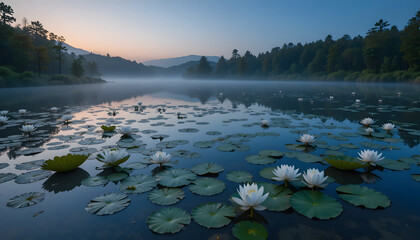 Twilight inland lake with lotus pads white blooms and mirror like reflections