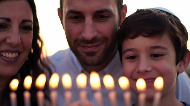 Happy Jewish Family Celebrating Hanukkah with Menorah Candles.