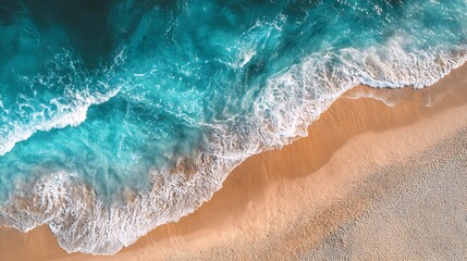 Aerial view of waves crashing on a sandy beach with turquoise water