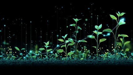 A vibrant illustration of young plants growing, symbolizing growth and progress, with a digital backdrop of glowing particles and lines representing data and technology - Powered by Adobe