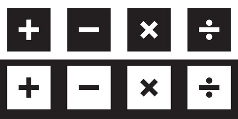 Set of Plus, minus, equal, division, multiplication sign icons, buttons. Flat square positive & negative symbol stickers. Vector file.