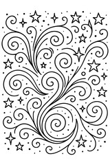 Whimsical Swirls and Stars Pattern Black and White Line Art Design