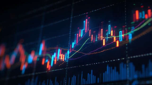 Futuristic stock market chart with colorful candlestick bars and moving average lines