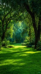 Fototapeta premium Lush green park pathway with sunlight through trees creating bright and serene landscape