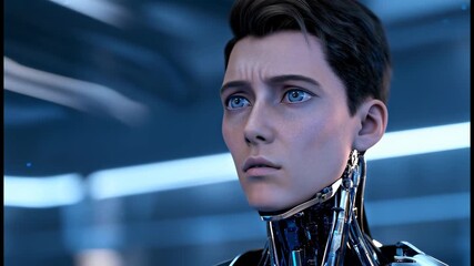 A futuristic humanoid robot with a transparent head showing digital data streams, symbolizing artificial intelligence and advanced technology - Powered by Adobe