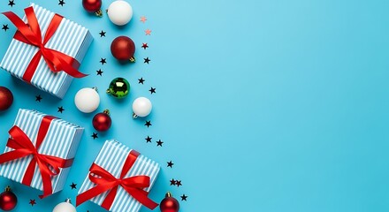 Obraz premium Festive Christmas Gifts and Ornaments on Bright Blue Background
