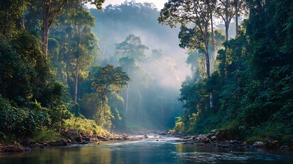 Serene river flowing through a lush rainforest landscape with morning mist and sunlight