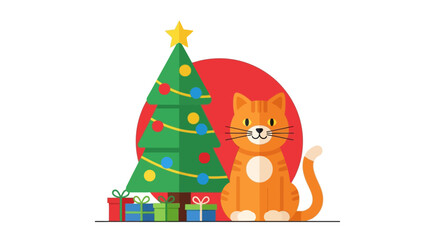 Festive feline A cheerful cat beside a decorated Christmas tree with gifts and a red backdrop