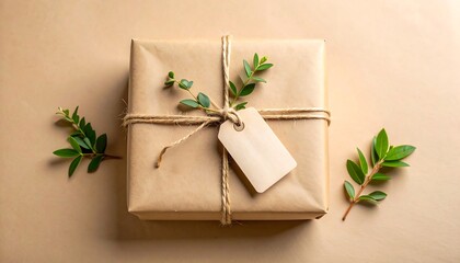 Beautifully wrapped present with green leaves and brown twine on a light surface during a festive season