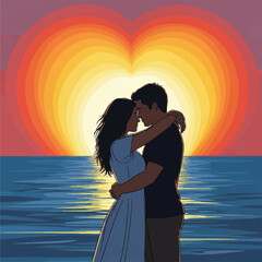 Cute seaside vector scene showing a couple in love under a symbolic heart-shaped sky.