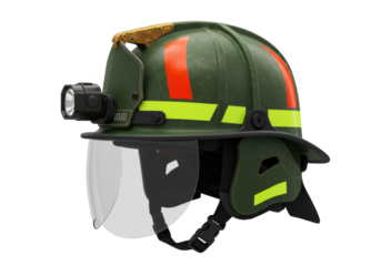 Isolated firefighter helmet with protective visor and headlamp, green with yellow trim