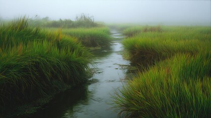 Misty morning over a serene marsh with lush green grass and a winding stream creating a peaceful natural landscape scene