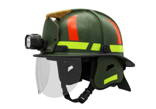 Isolated firefighter helmet with protective visor and headlamp, green with yellow trim