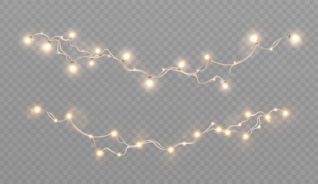 Realistic Christmas lights with warm, bright yellow bulbs on a transparent background. Festive lights for overlaying on dark or light backgrounds.