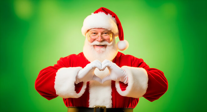 Santa Claus making a heart shape with his hands on a green background