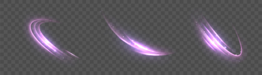 Set of glowing purple light swirls and curved trails on transparent dark background. Light effect for digital motion design, overlays and abstract energy effects.  © Valeriia