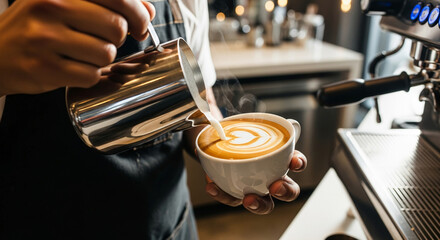 Close-up on a barista pouring milk into coffee, creating a heart shape. Concept: artisanal coffee making, skill, cafe experience